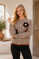Sew in Love Floral Applique Front Button Long Sleeve Cardigan in Oatmeal