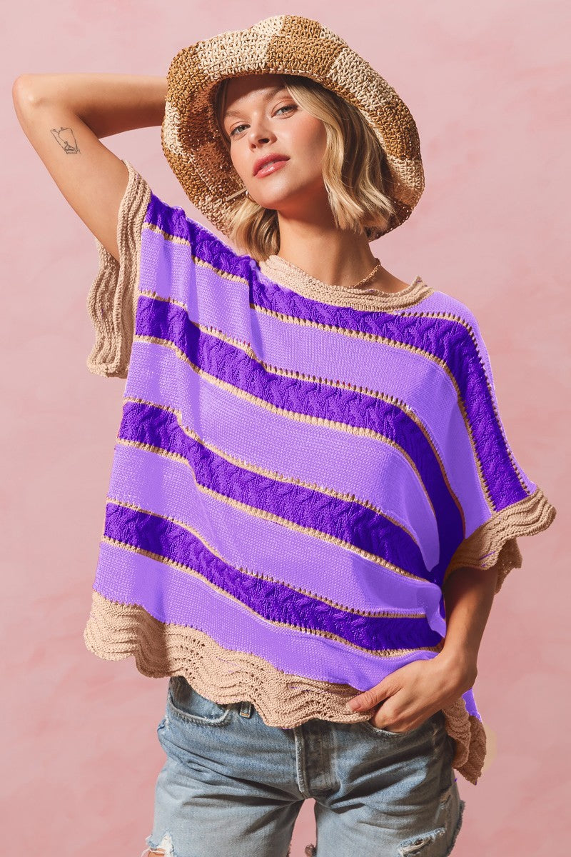 So Me Open Knit Multi Color Striped Top in Lilac/Purple