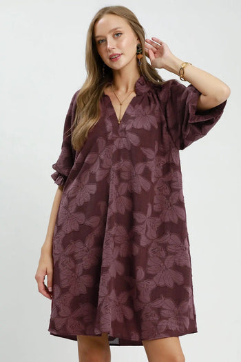 Umgee Floral Textured Jacqaurd V-Neck Dress in Maroon