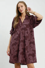 Load image into Gallery viewer, Umgee Floral Textured Jacqaurd V-Neck Dress in Maroon
