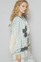 POL Floral Print Twill Jacket with Crochet Details in Baby Blue Floral