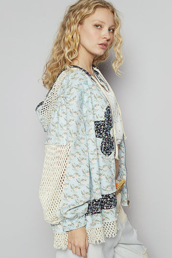 POL Floral Print Twill Jacket with Crochet Details in Baby Blue Floral