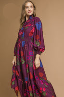Umgee Mixed Floral Print Midi Dress in Burgundy Mix