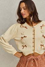 Load image into Gallery viewer, So Me Ribbon and Rose Applique Cardigan in Cream/Camel

