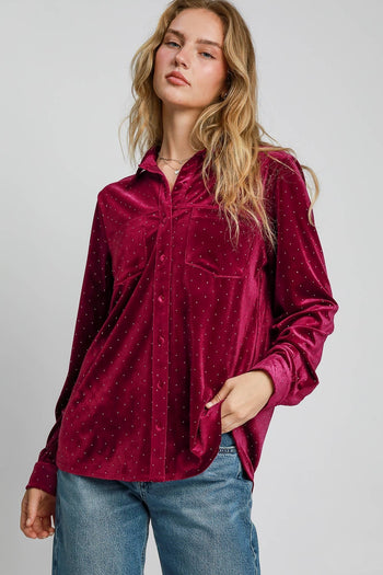 Umgee Beaded Velvet Button Down Top in Wine