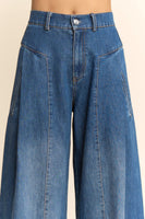 Davi & Dani High Waisted Front Slit Wide Leg Pants in Denim