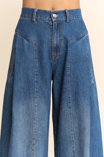 Davi & Dani High Waisted Front Slit Wide Leg Pants in Denim