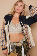 POL Mixed Fabric and Print Zip Up Hooded Top in Black