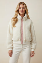 Load image into Gallery viewer, Heimish Zip Front Mock Neck Sherpa Fleece Jacket in Ivory/Red
