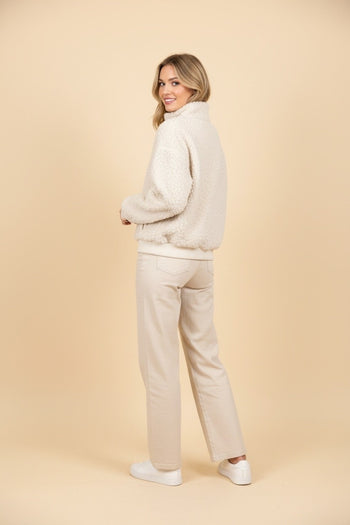 Heimish Zip Front Mock Neck Sherpa Fleece Jacket in Ivory/Red
