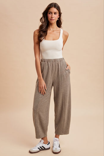 AnnieWear Soft Knit Cropped Barrel Pants in Muted Mocha