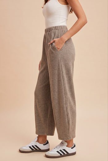 AnnieWear Soft Knit Cropped Barrel Pants in Muted Mocha