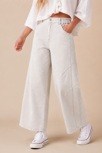 J.nna Solid Color Washed Barrel Leg Pants in Pale Grey