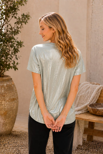 Sew in Love Shimmer Crew Short Sleeve Top in Champagne