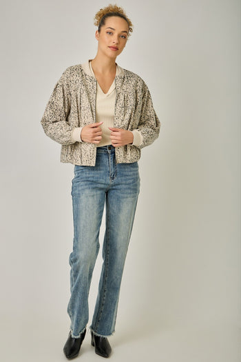 Mystree Vintage Leopard Print Zip-up Jacket in Ecru