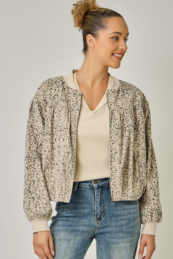 Mystree Vintage Leopard Print Zip-up Jacket in Ecru
