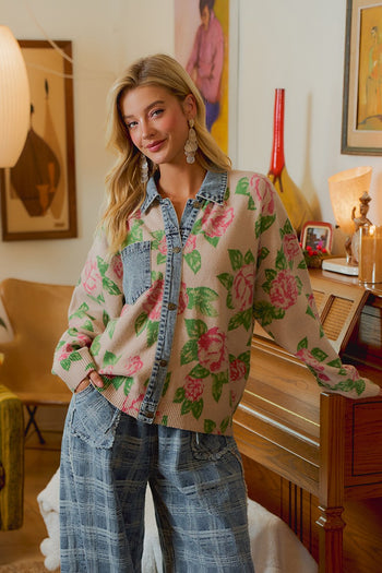 BiBi Floral Knit Denim Combo Shacket in Oatmeal