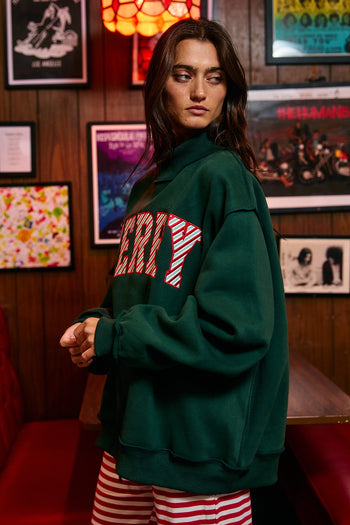 BucketList  'Merry' Stripe Applique Patch Mock-neck Sweatshirt in Christmas Green