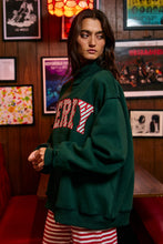 Load image into Gallery viewer, BucketList  'Merry' Stripe Applique Patch Mock-neck Sweatshirt in Christmas Green
