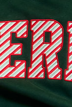 Load image into Gallery viewer, BucketList  'Merry' Stripe Applique Patch Mock-neck Sweatshirt in Christmas Green
