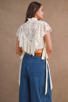 MABLE Sheer Floral Lace Layered Ruffles Cropped Blouse in Cream