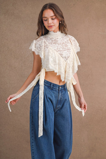MABLE Sheer Floral Lace Layered Ruffles Cropped Blouse in Cream