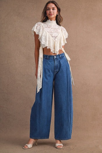MABLE Sheer Floral Lace Layered Ruffles Cropped Blouse in Cream