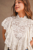 MABLE Sheer Floral Lace Layered Ruffles Cropped Blouse in Cream