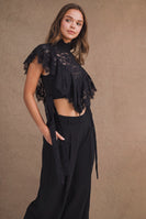 MABLE Sheer Floral Lace Layered Ruffles Cropped Blouse in Black