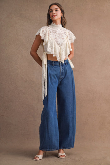 MABLE Sheer Floral Lace Layered Ruffles Cropped Blouse in Cream