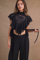 MABLE Sheer Floral Lace Layered Ruffles Cropped Blouse in Black