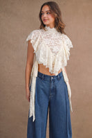 MABLE Sheer Floral Lace Layered Ruffles Cropped Blouse in Cream