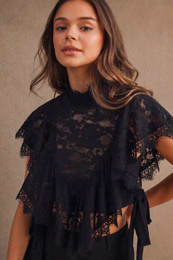 MABLE Sheer Floral Lace Layered Ruffles Cropped Blouse in Black