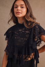 Load image into Gallery viewer, MABLE Sheer Floral Lace Layered Ruffles Cropped Blouse in Black
