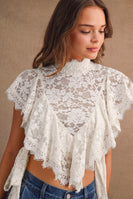 MABLE Sheer Floral Lace Layered Ruffles Cropped Blouse in Cream