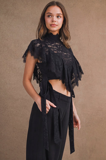 MABLE Sheer Floral Lace Layered Ruffles Cropped Blouse in Black