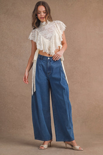 MABLE Sheer Floral Lace Layered Ruffles Cropped Blouse in Cream