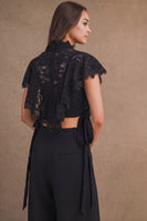 MABLE Sheer Floral Lace Layered Ruffles Cropped Blouse in Black