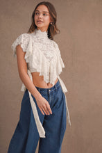 Load image into Gallery viewer, MABLE Sheer Floral Lace Layered Ruffles Cropped Blouse in Cream
