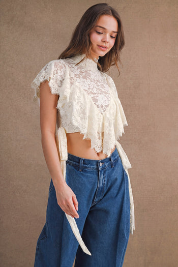 MABLE Sheer Floral Lace Layered Ruffles Cropped Blouse in Cream