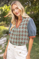 VOY Stripe Denim Sleeve Houndstooth Tweed Top in Sage