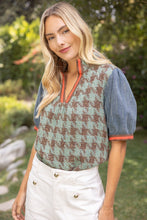 Load image into Gallery viewer, VOY Stripe Denim Sleeve Houndstooth Tweed Top in Sage
