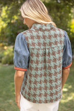 Load image into Gallery viewer, VOY Stripe Denim Sleeve Houndstooth Tweed Top in Sage
