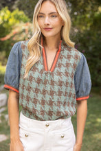 Load image into Gallery viewer, VOY Stripe Denim Sleeve Houndstooth Tweed Top in Sage
