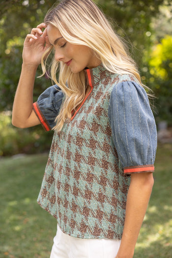 VOY Stripe Denim Sleeve Houndstooth Tweed Top in Sage