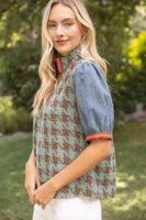 VOY Stripe Denim Sleeve Houndstooth Tweed Top in Sage