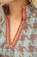 VOY Stripe Denim Sleeve Houndstooth Tweed Top in Sage