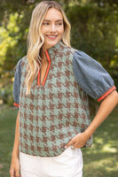 VOY Stripe Denim Sleeve Houndstooth Tweed Top in Sage