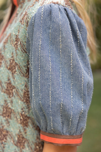 VOY Stripe Denim Sleeve Houndstooth Tweed Top in Sage