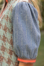 Load image into Gallery viewer, VOY Stripe Denim Sleeve Houndstooth Tweed Top in Sage
